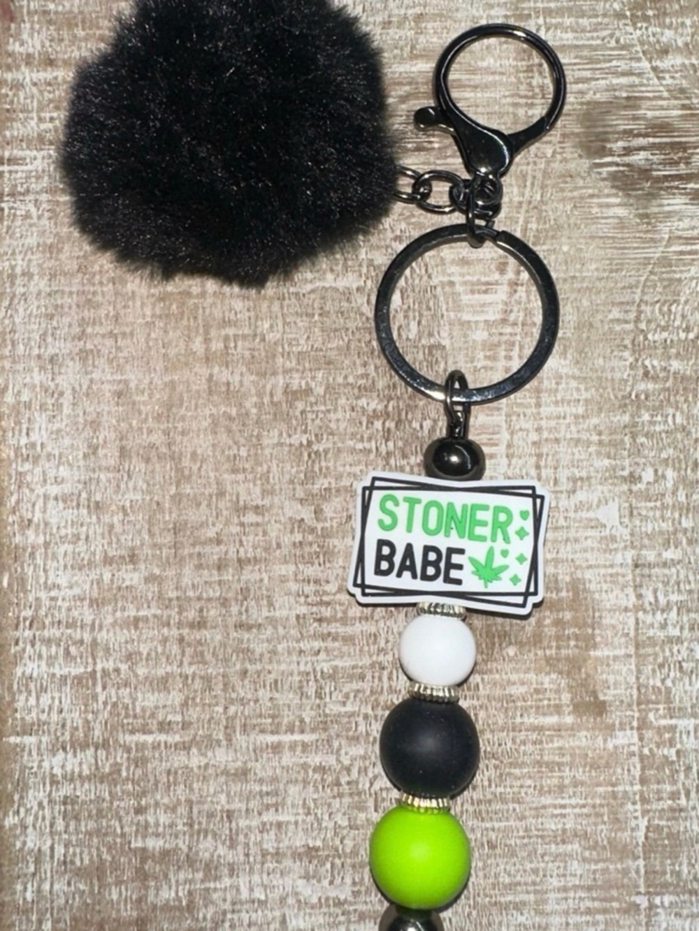 Stoner Babe Black & Green Pom Pom Keychain